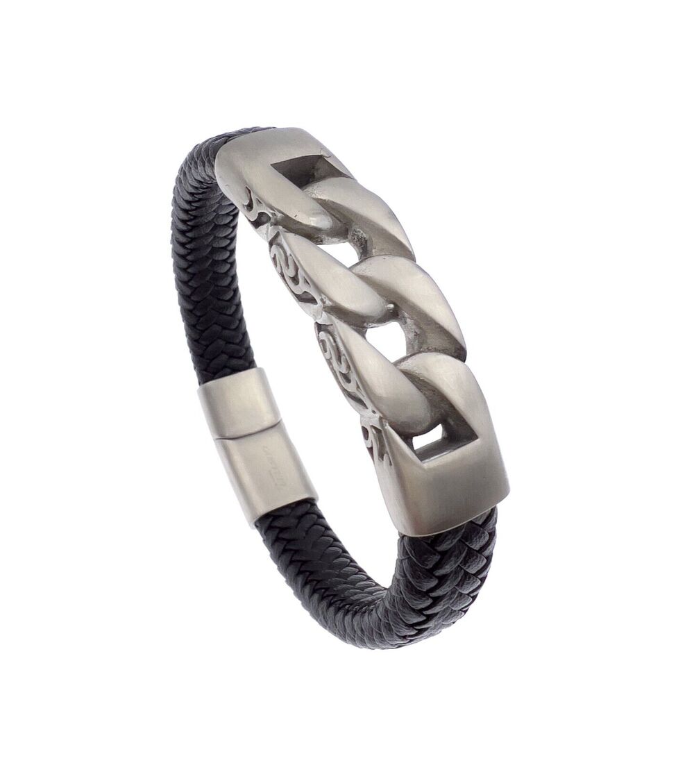 Stainless Steel Cuban Link Black Braided Leather Bracelet Mens 8.5in 12mm